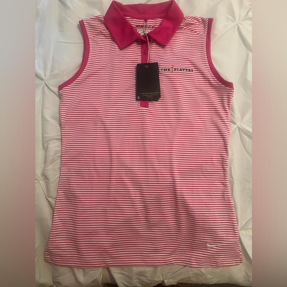 Nike Pink and White Striped Sleeveless Polo Shirt